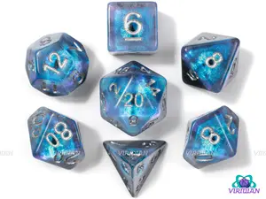 White Walker | Demonic Eye, Light Blue, Purple and Black Foggy Swirls, Glitter, Translucent | Resin Dice Set (7)