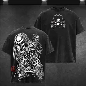 Alien vs Predator Vintage Graphic Tee Heavy Cotton Washed Oversized Unisex Retro 90s Sci Fi Space Action Movie Casual Streetwear Top Collectible Gift For Film Fans          ？