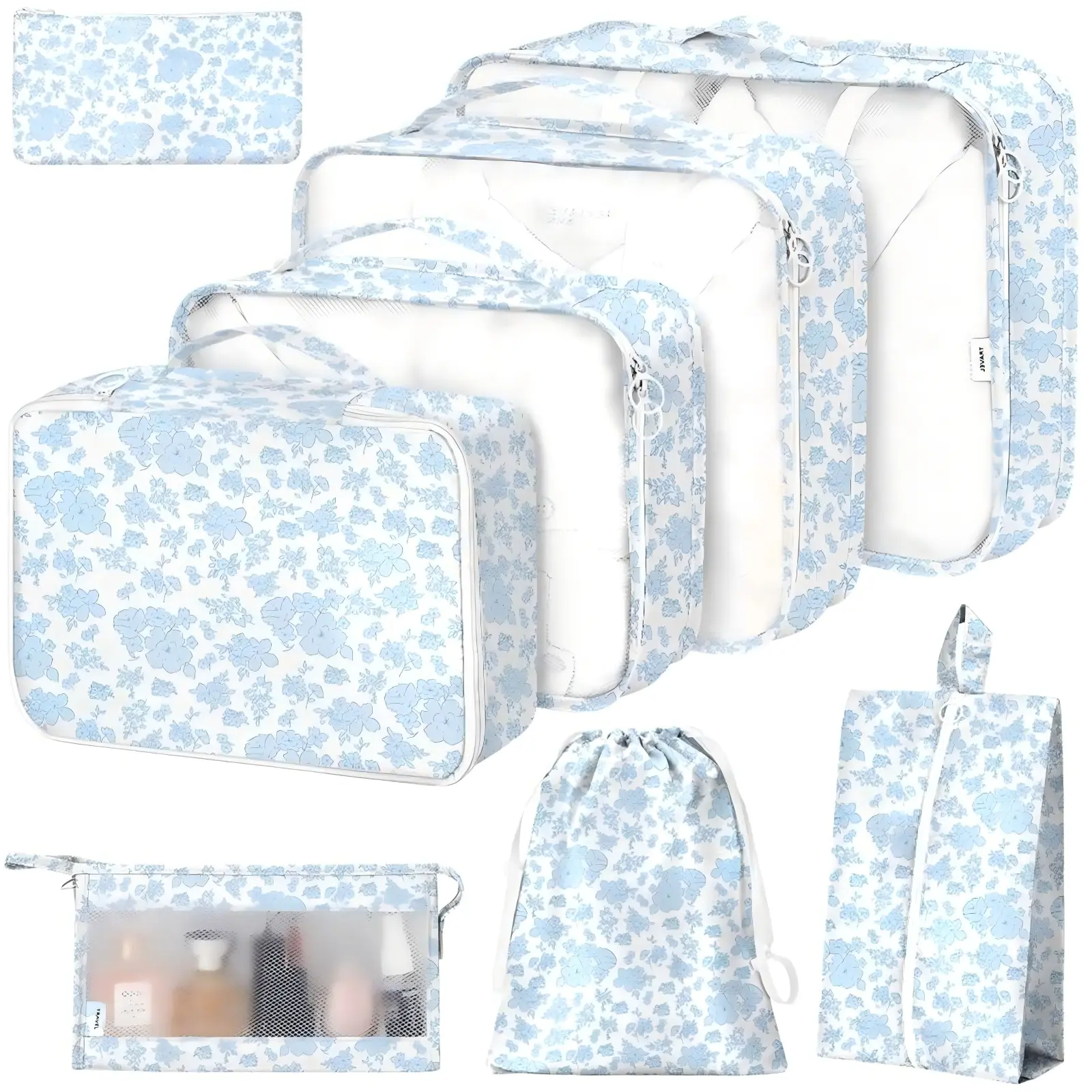 8 Set Packing Cubes for Suitcases,Suitcase Organizer with Shoe,Cosmetics,Clothing, and Accessories Storage Bags for Travel Lightweight Luggage Organizer Women Men(Blue Flower)