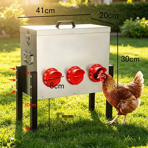 Automatic Chicken Feeder Box , 6 Feeding Ports, No Waste Poultry Feeder with Locking Lid and Adjustable Legs for Chickens, Ducks