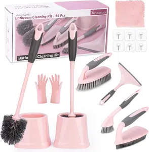 Brush, 2 Pack Scrubber Brush and Holder Set Accessories, 14 Pcs Kit, Pink Bowl Brush and Holder with 5 Brush for Washbasin