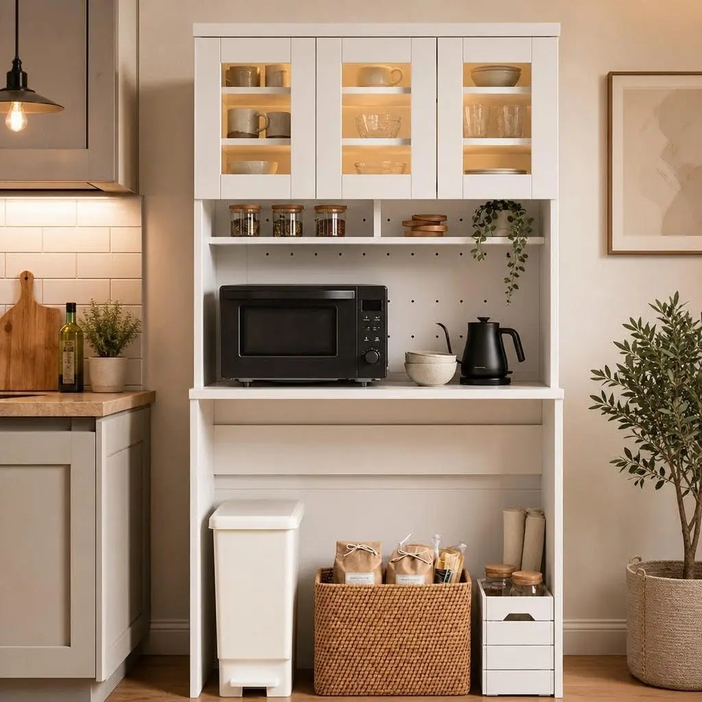 71.5" Kitchen Cabinet with Trash Can Storage, Kitchen Trash Can Cabinet with Microwave Stand, 35.4" Wide Kitchen Pantry with Garbage Storage for Dining Room