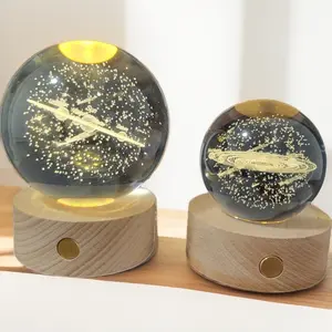3D Solar System Crystal Ball Night Light 2.4/3.2 Inch Crystal Ball Night Light with Wooden Base Lightness Adjustment 3D Planet Glass Ball for Birthday Christmas, Astronomy Space Gifts, Mother's day Gifts, Easter Gift (Solar System)