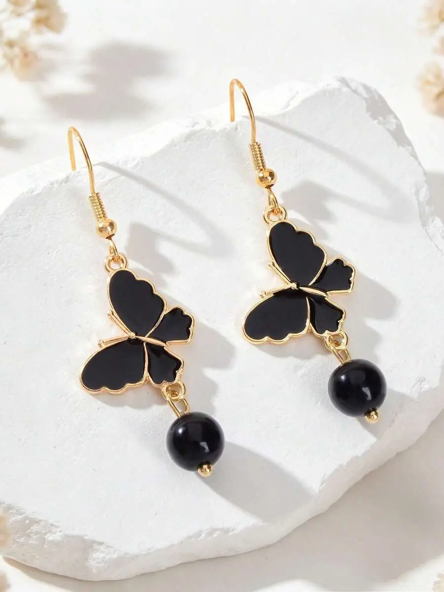 Women's 1-Pair Cute Butterfly Pendant Earrings - Shiny Black Beaded Personalized Costume Jewelry, Suitable For Date, Party Wear