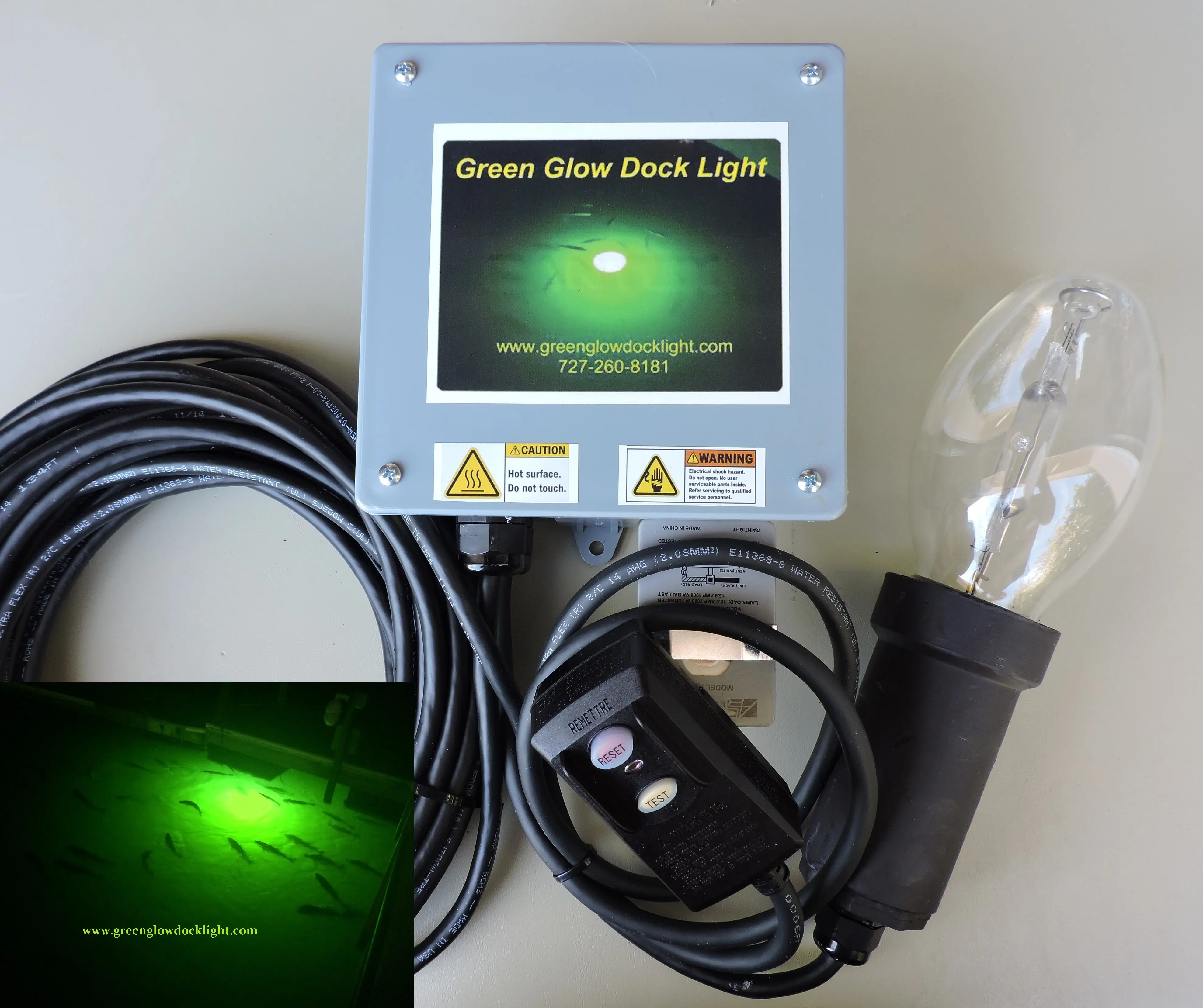 Green Glow Dock Light, Salt Water Approved! Brilliant Green 14,000 Lumen Underwater Lighting Kit - Includes Lamp, 50' Cord, Power Control Box, & Mounting Hardware