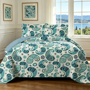 Blue Paisley Patern Reversible Patchwork Quilt Set, Lightweight Boho Printed Bedspread Coverlet All Season Bedding Set with 2 Pillow Shams, Soft Microfiber King/Queen Size Bed Cover for Bedroom Decor
