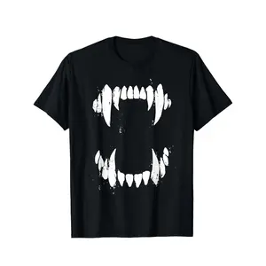 Men's Black Vampire Dracula Frankenstein Monster Teeth T-Shirt - Soft and breathable 100% cotton retro gothic style T-shirt, featuring white fangs and teeth designs, suitable for Halloween costumes, parties