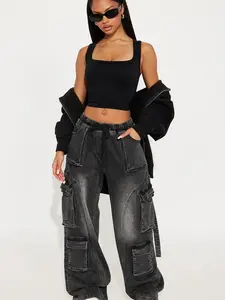 Met My Match Baggy Cargo Jeans – Black Wash | Women’s Relaxed Cargo Denim Pants