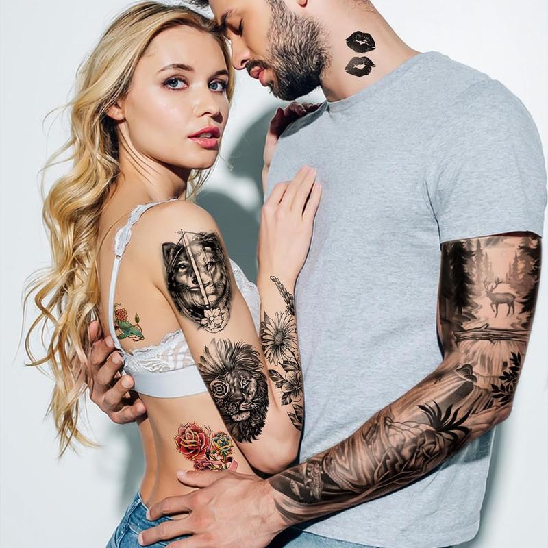 46 Sheets Full Arm Temporary Tattoo Waterproof For Men(L22.8"xW7"), Fake Tattoos for Women Lion Tiger Clock Flower Skeleton Animals Design, Hand Forearm Shoulder 3D Temporary Tattoos Stickers Long Lasting