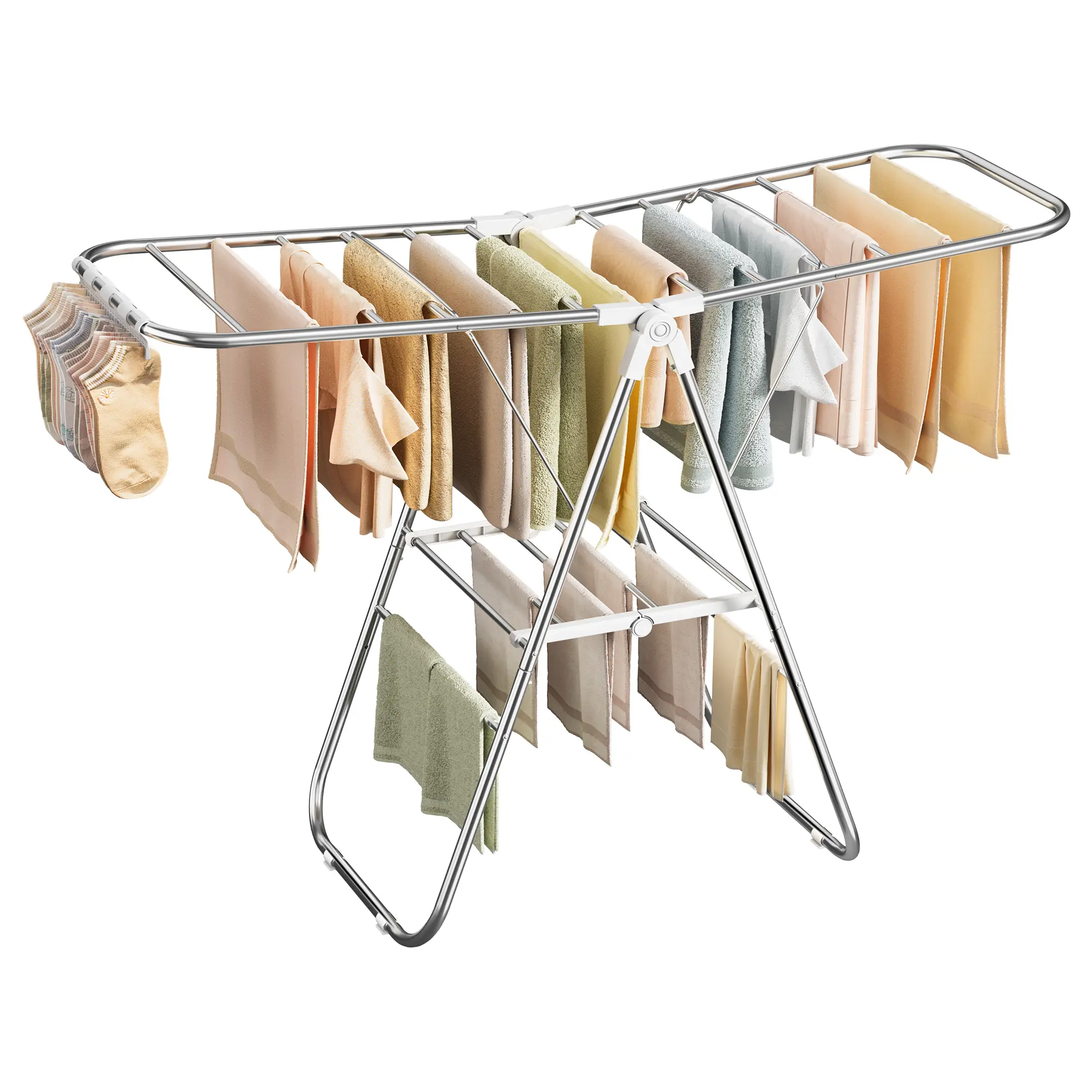 SONGMICS Clothes Drying Rack, Foldable Laundry Drying Rack, Sock Clips, Metal Clothes Airer with Height-Adjustable Gullwings, Space-Saving, Indoor Outdoor