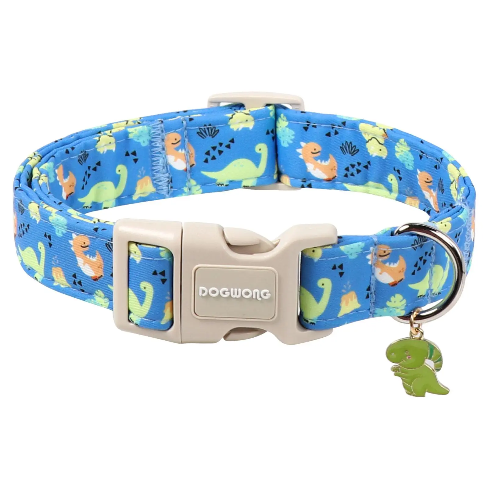 DOGWONG Adjustable Soft Natural Fabric Dog Collar - Cute Blue Dinosaur Design for Small, Medium, Large Dogs and Puppy Boys