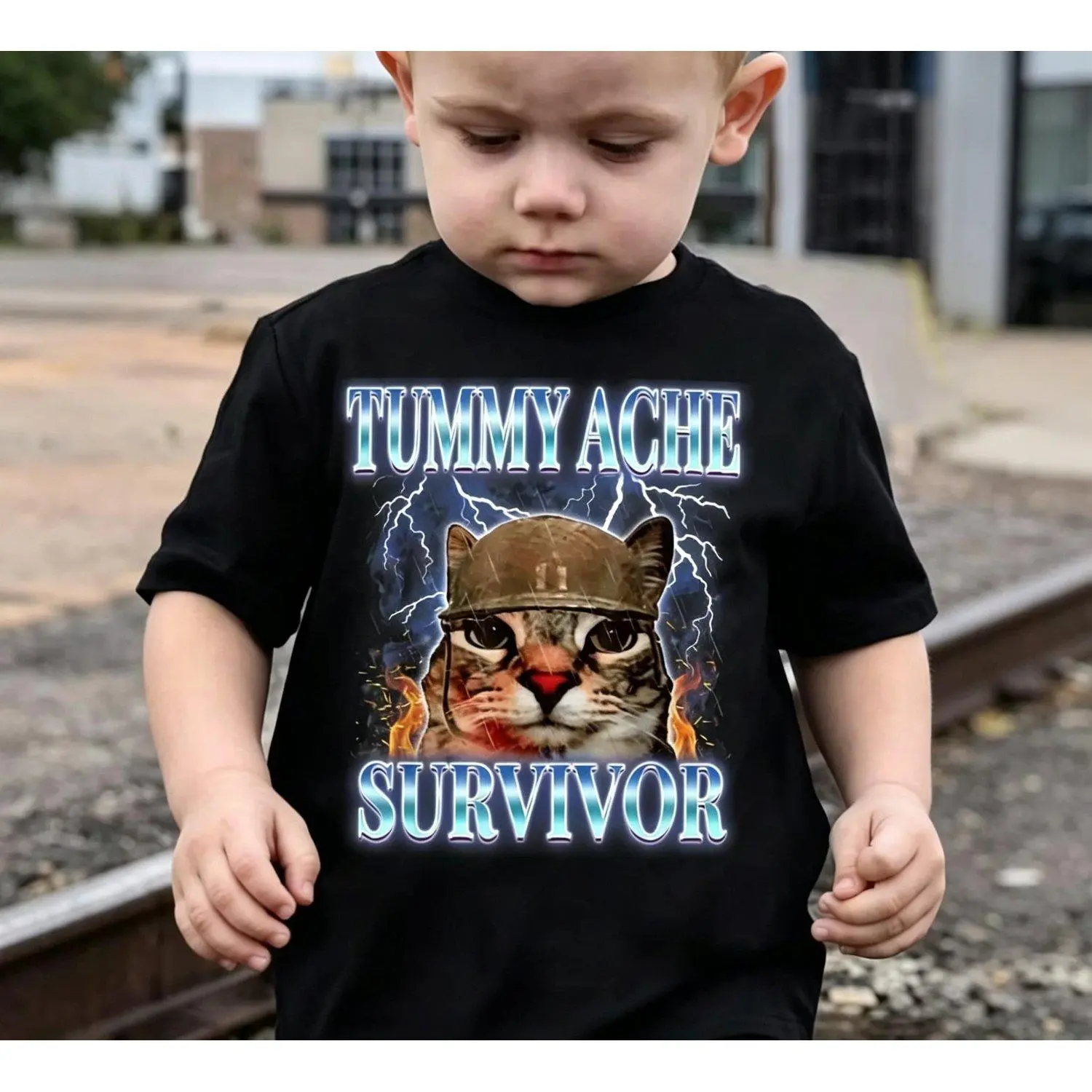 Tummy Ache Survivor Cat Meme Funny Saying Cats Animals Kids T-Shirt for Boys & Girls, Funny Vintage Graphic Tees, Short Sleeve Tops, Vacation Casual Outfits Clothing