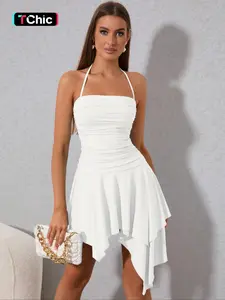 Women's Plain Ruched Backless High Low Dress, Tiered Asymmetrical Hem Halter Bodycon Dress, Summer Clothes Women, Summer Outfits for Holiday Vacation Daily Wear