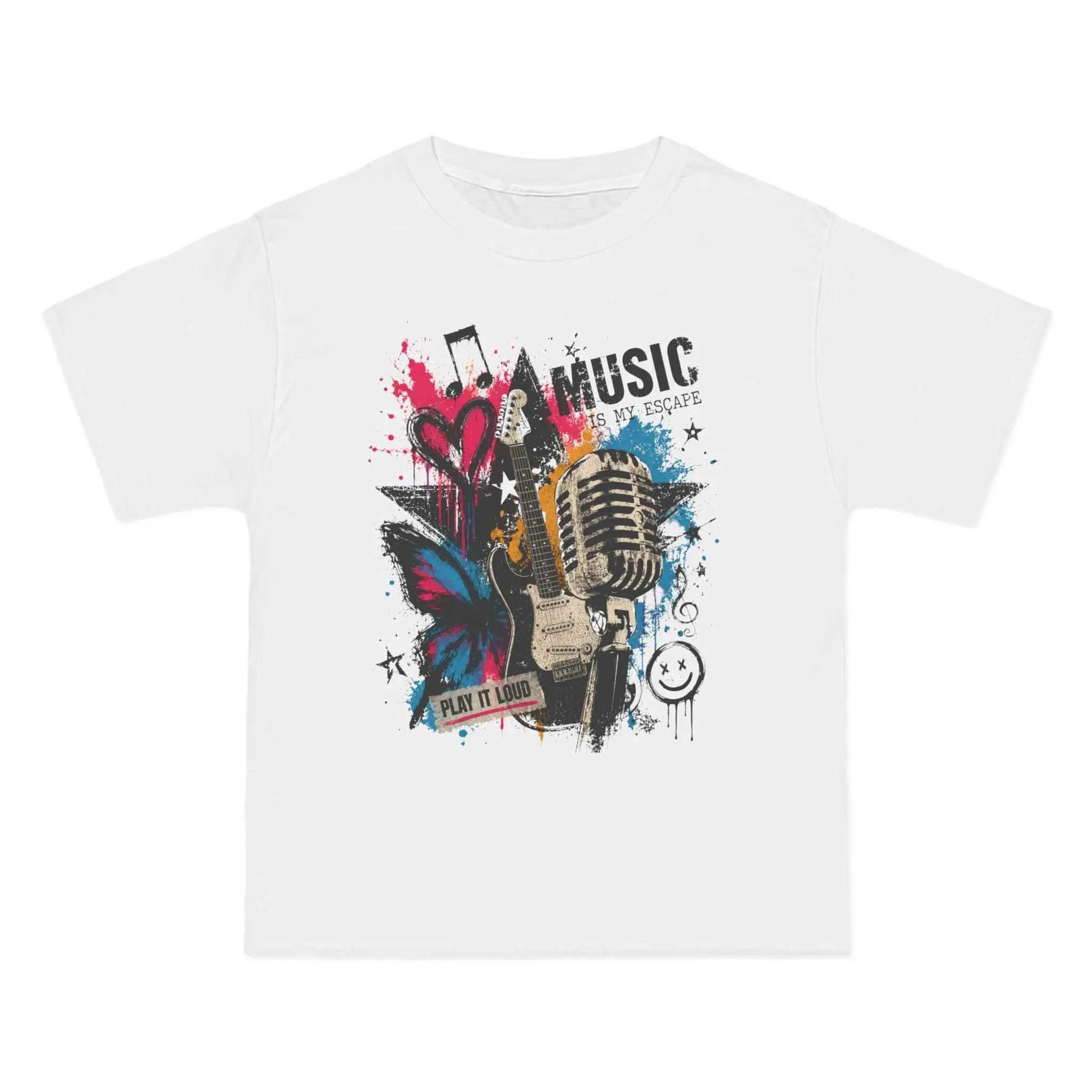 Men's 100% Cotton Crew Neck Retro Microphone T-Shirt - Relaxed Fit, Vintage Radio, Heart & Butterfly Art, All Seasons, Cold Machine Wash, Graphic Print