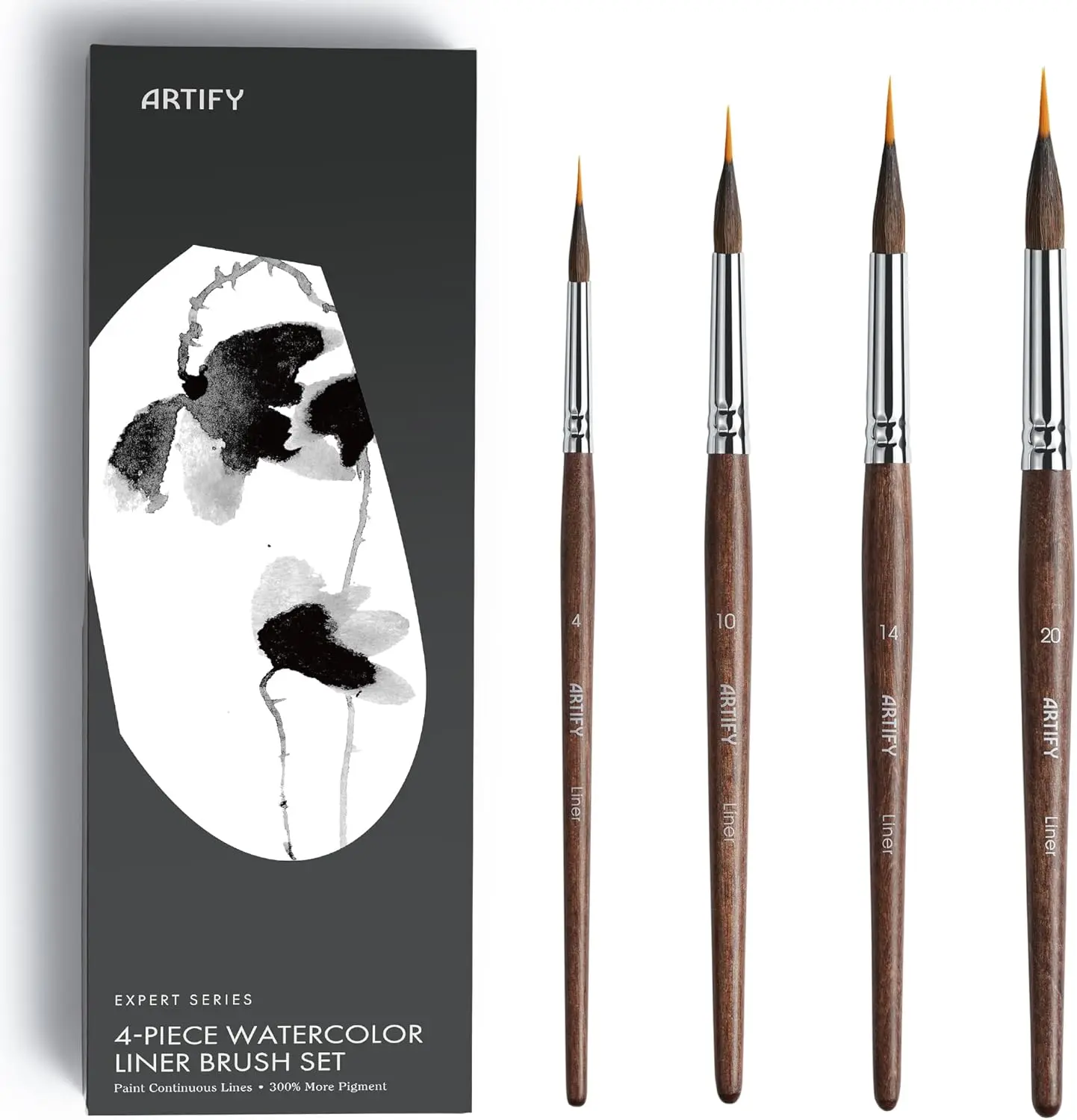 ARTIFY 4-Piece Professional Watercolor Liner Brush Set - Sable-Nylon Blend Extended Tip Detail Brushes with Stability and Precision, Long Strokes, Massive Color Load for Fine Lines, Botanical Painting (Art Sets, Office Stationery Art Supplies), Extended T