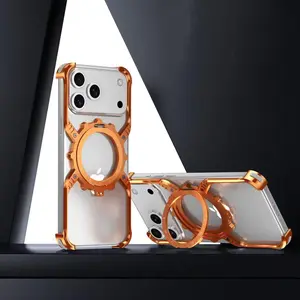 Damatek Mechanical Gear Luminous Smartphone Case, Frameless Aluminum Alloy Shockproof Casing for iPhone 17, Hidden Magnetic Ring Stand Handheld Accessory, Multi-Color Protective Bumper Shell