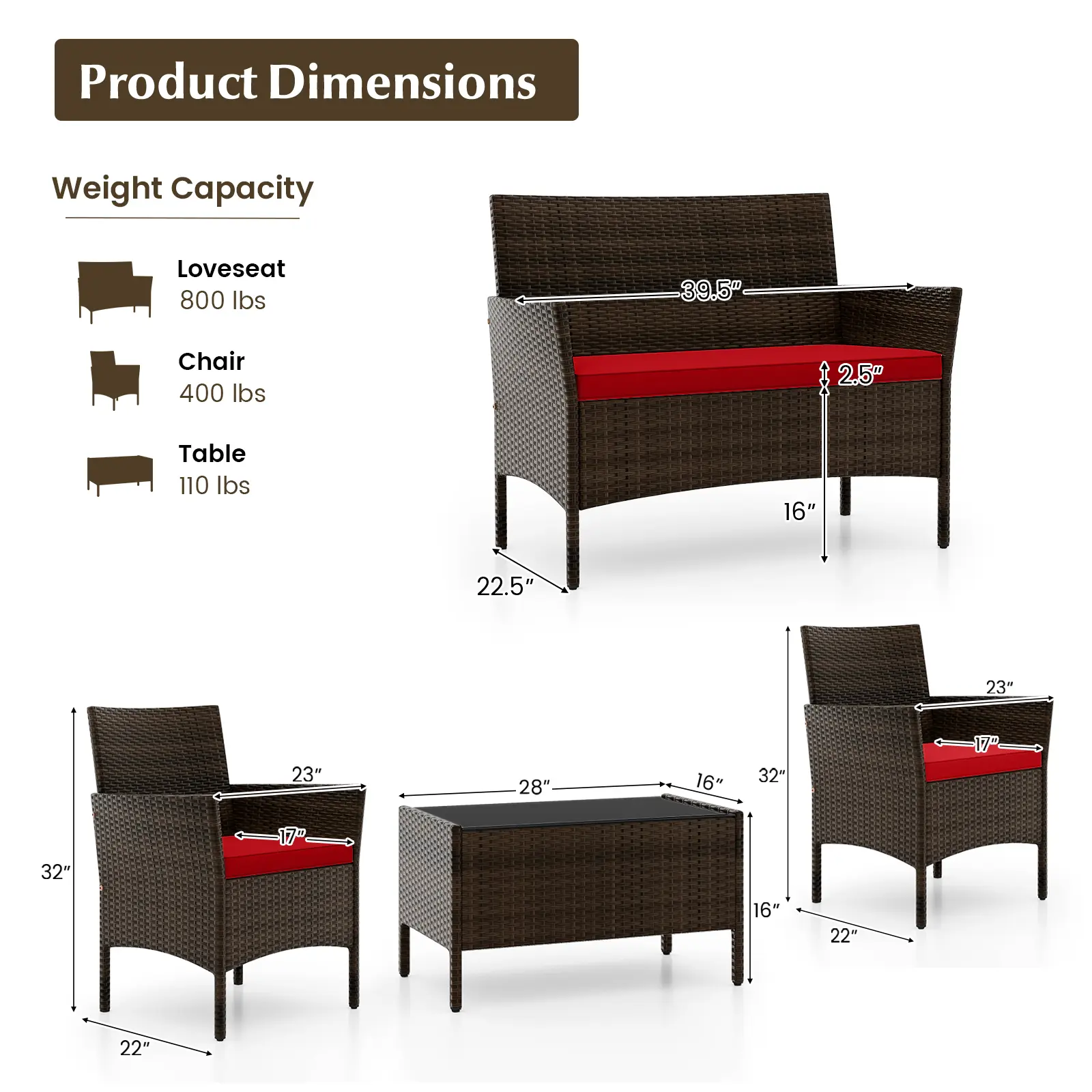 Red- 4 Piece Set - Rectangle Coffee Table 