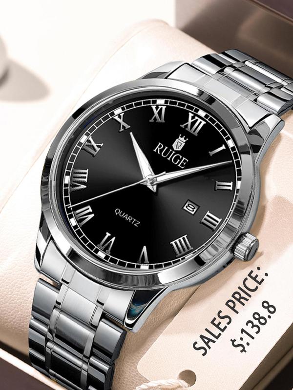 Men's Business Fashion Round Dial Analog Quartz Watch, Stainless Steel Luminous Waterproof Quartz Watch, Classic Fashion Watch with Calendar, Trendy All-match & Exquisite Watch for Birthday Gift with Box, Stainless Steel Watches