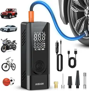 JUSUOX Tire Inflator Portable Air Compressor, Battery & 12V DC Dual Power Air Pump for Car Tires, 150PSI Cordless Bike Tire Pump with Digital Pressure