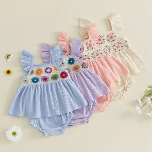 Babamoon 2Pcs Infant Baby Girl Summer Outfits Set Ruffle Sleeveless Crochet Flower Tops + Shorts Set Toddler Clothes 6M-4Y