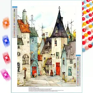 A Diamond Painting Kit Multiple Size Options (30X40 Cm) Colorful Cottage Street Scene with Pointed Roof Houses, Red Door, Figurines, Vintage Fairy Tale Style Design, Fully Drills Round Mosaic Handmade Art, Perfect for Home Decor Birthdays Gifts, Frameless