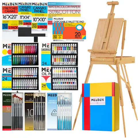 MEEDEN 149PCS Beechwood French Easel Art Craft Kits - Adjustable Angle, Leather Handle Travel-Ready, Gift-Boxed All-in-1 Artist Quality Painting Supply Sets for Beginner Friendly DIY Arts Crafts Supplies Easel Style Painting Kits