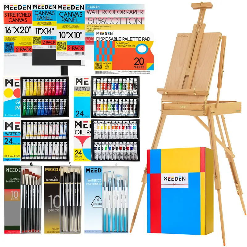 MEEDEN 149PCS Beechwood French Easel Art Craft Kits - Adjustable Angle, Leather Handle Travel-Ready, Gift-Boxed All-in-1 Artist Quality Painting Supply Sets for Beginner Friendly DIY Arts Crafts Supplies Easel Style Painting Kits