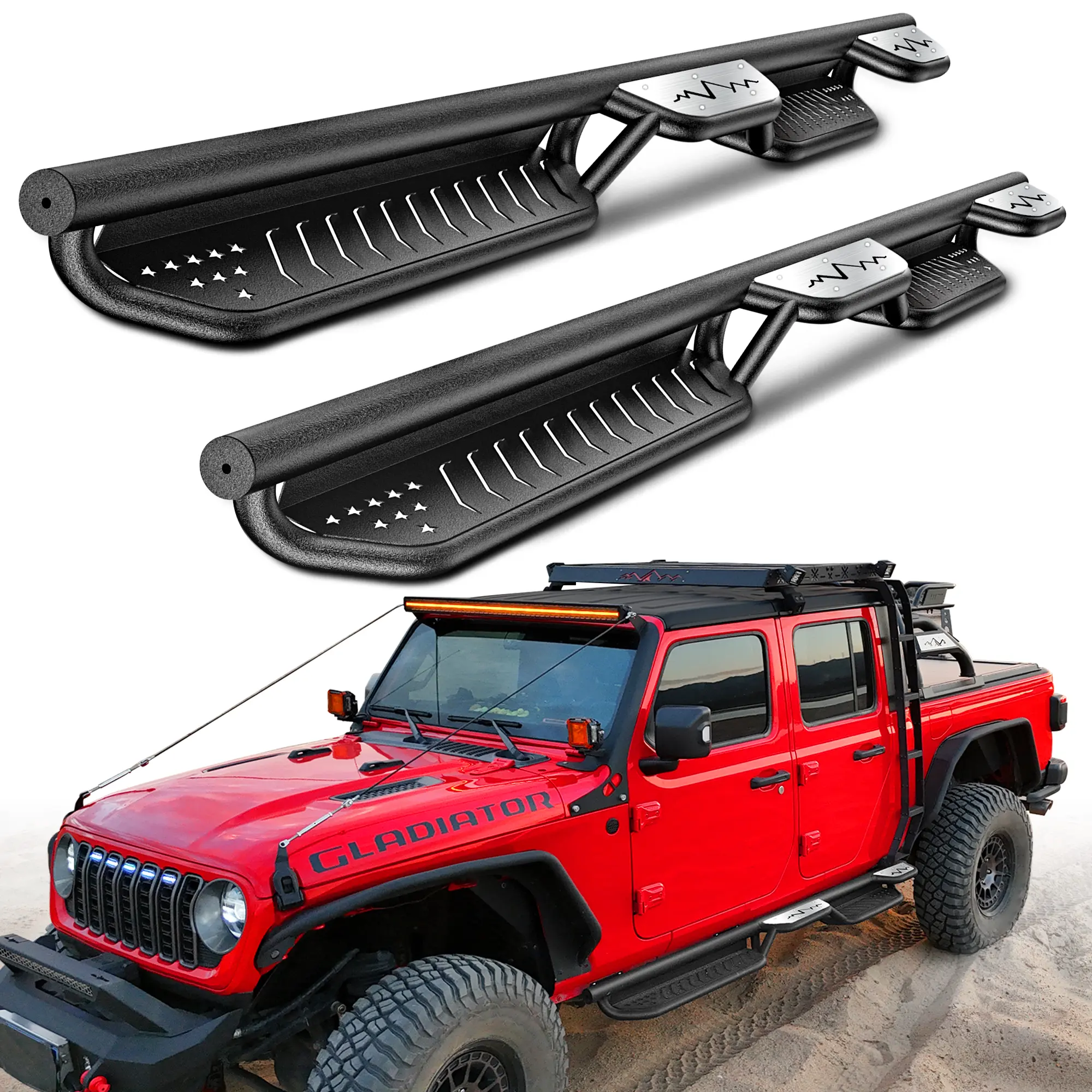 MONOKING Automotive Side Steps, Heavy Duty Steel Raised Running Boards with Paintable Mountain Cutouts for 2020-2026 Gladiator JT 4-Door Car Accessories, Accessories for Car with DIY Install Feature, Raised Step