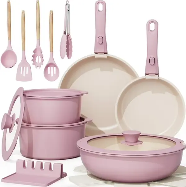 20-Piece Ceramic Pots and Pans Set, Nonstick Cookware Set with Detachable Handles, Oven Safe to 480°F, Induction Compatible, Stackable RV Kitchen Cooking Set, Pink