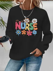 Women's Casual Nurse Pattern Floral Print Round Neck Sweatshirt, Fall & Winter, Graduation, Teacher, Back to School Pullover
