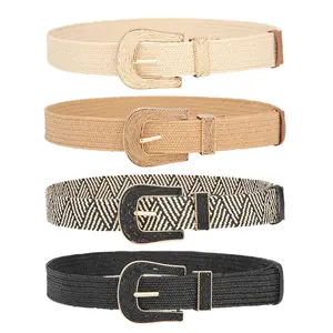 AWAYTR Womens Straw Woven Belt Boho Elastic Belts with Hand-Glued Raffia Buckle for Vacation Work Daily