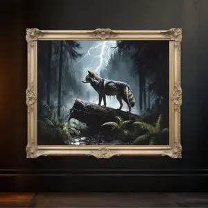 Wolf Wall Art, Night Forest Print, Lightning Storm Decor, Wildlife Painting, Nordic Home Art, Animal Lover Gift, Rustic Cabin Decor, Unframed