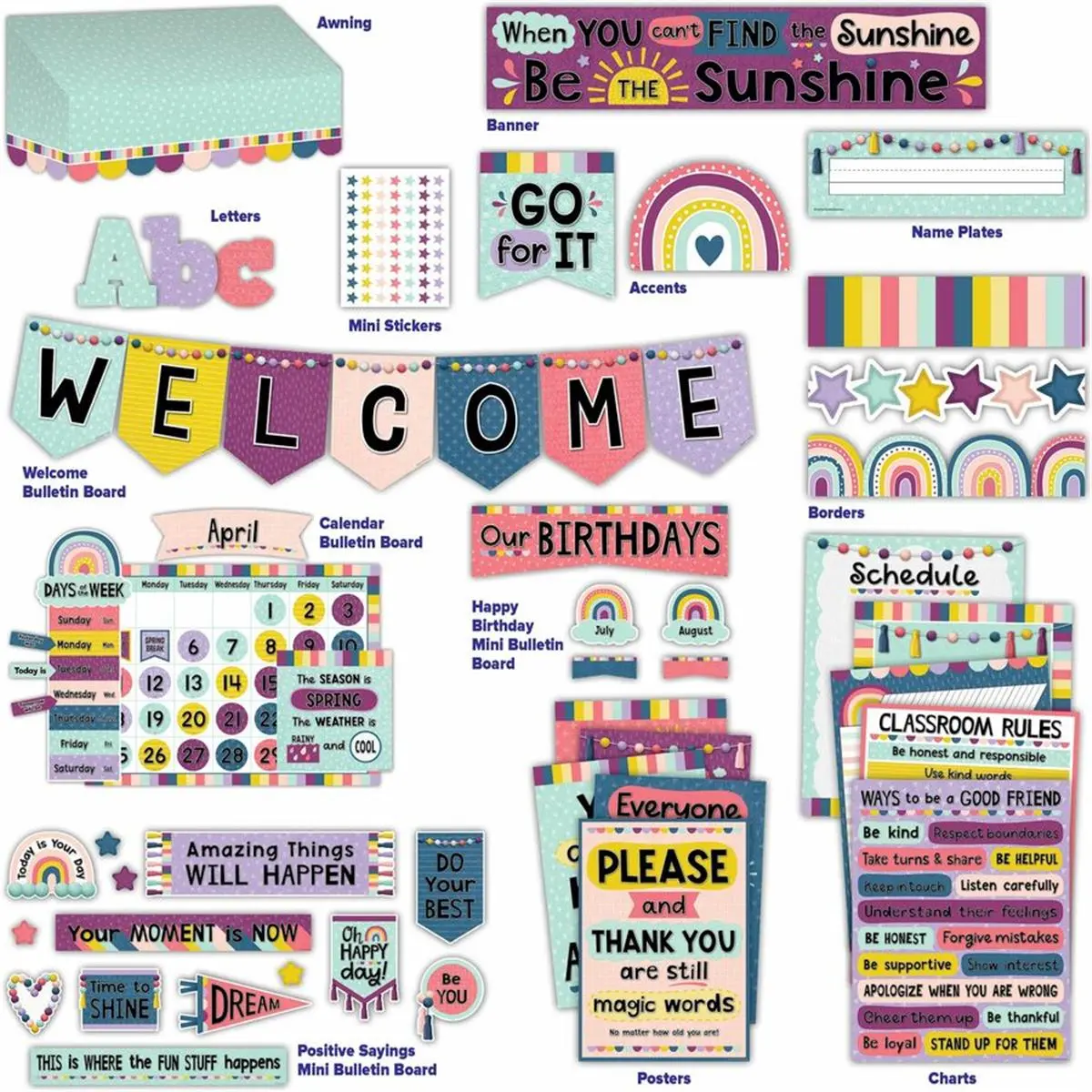 Teacher Created Resources TCR2088668 Oh Happy Day Bulletin Board Set, Themed Sticker Sheet Classroom & Bulletin Board Decorations, Bulletin Board Decoration Classroom Decorations, Themed Sticker Sheet Classroom Decorations