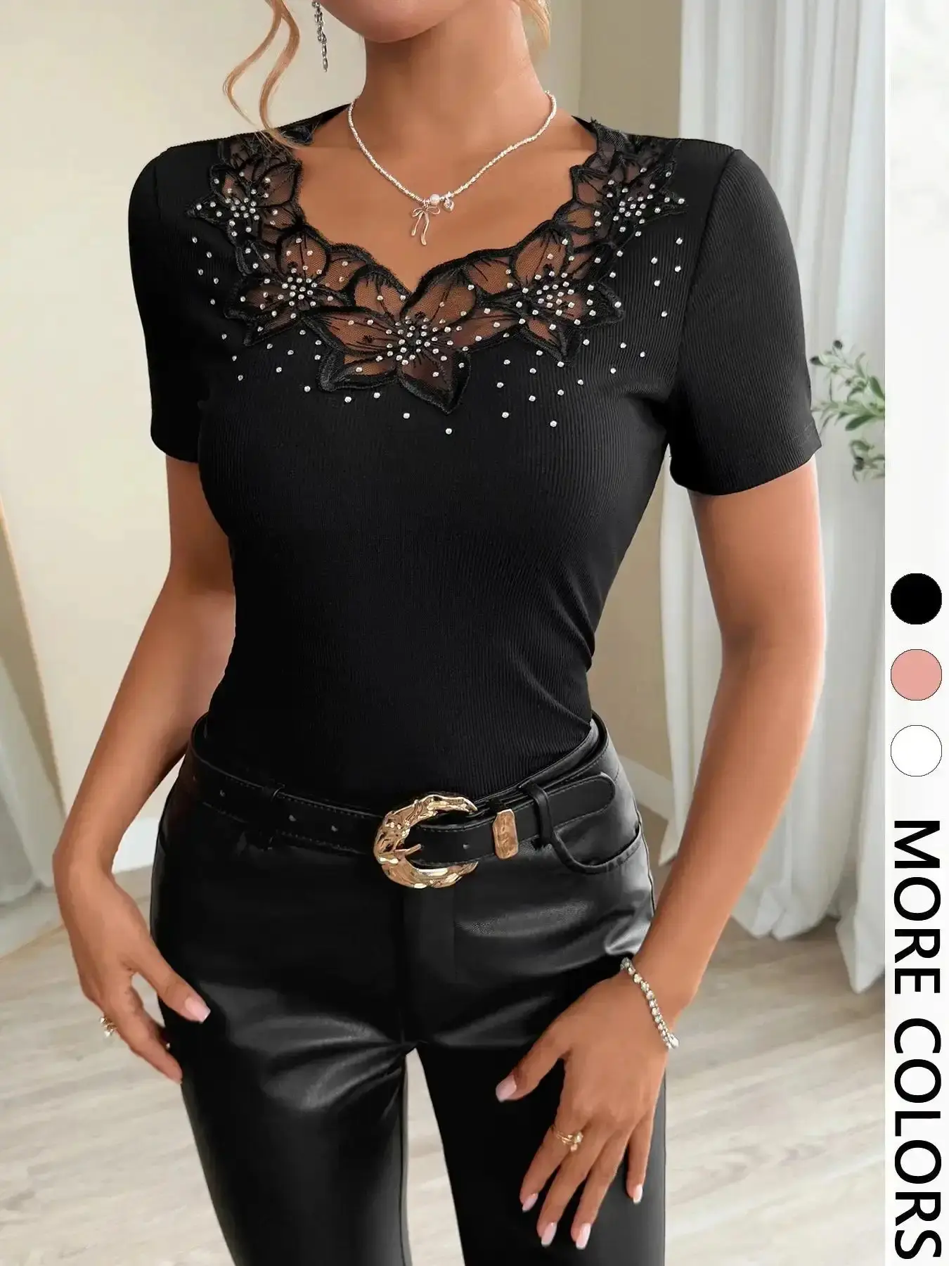 Single Piece Solid Color Lace Trim Rhinestone Short Sleeve Knit Slim Fit Top Blouse, Lady, Elegant V-Neck Slimming, Essential for Formal Work Date Party