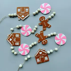 Gingerbread Man Garland with Pink Candy Beads and Cottage - Rustic Farmhouse Style Soft Felt Christmas Fireplace Decoration, No DIY Needed, Easy Hanging Garland - Gingerbread House and Candy Cane Pattern, Brown and Pink, Suitable for Fireplace