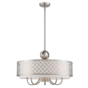 6 Light Brushed Nickel Pendant Chandelier with Hand Crafted Off-White Fabric Shade