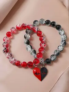 2pcs Couple Heart Beaded Bracelets, Gothic Punk Style, Matching Love Bracelets for Men & Women, Fashion Jewelry Accessories