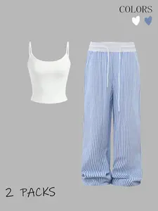 Y2K Women's Casual Set, Striped Crop Top & Pants, Sleeveless Camisole, Long Straight Leg Jogger, Fit Spring Summer, Light