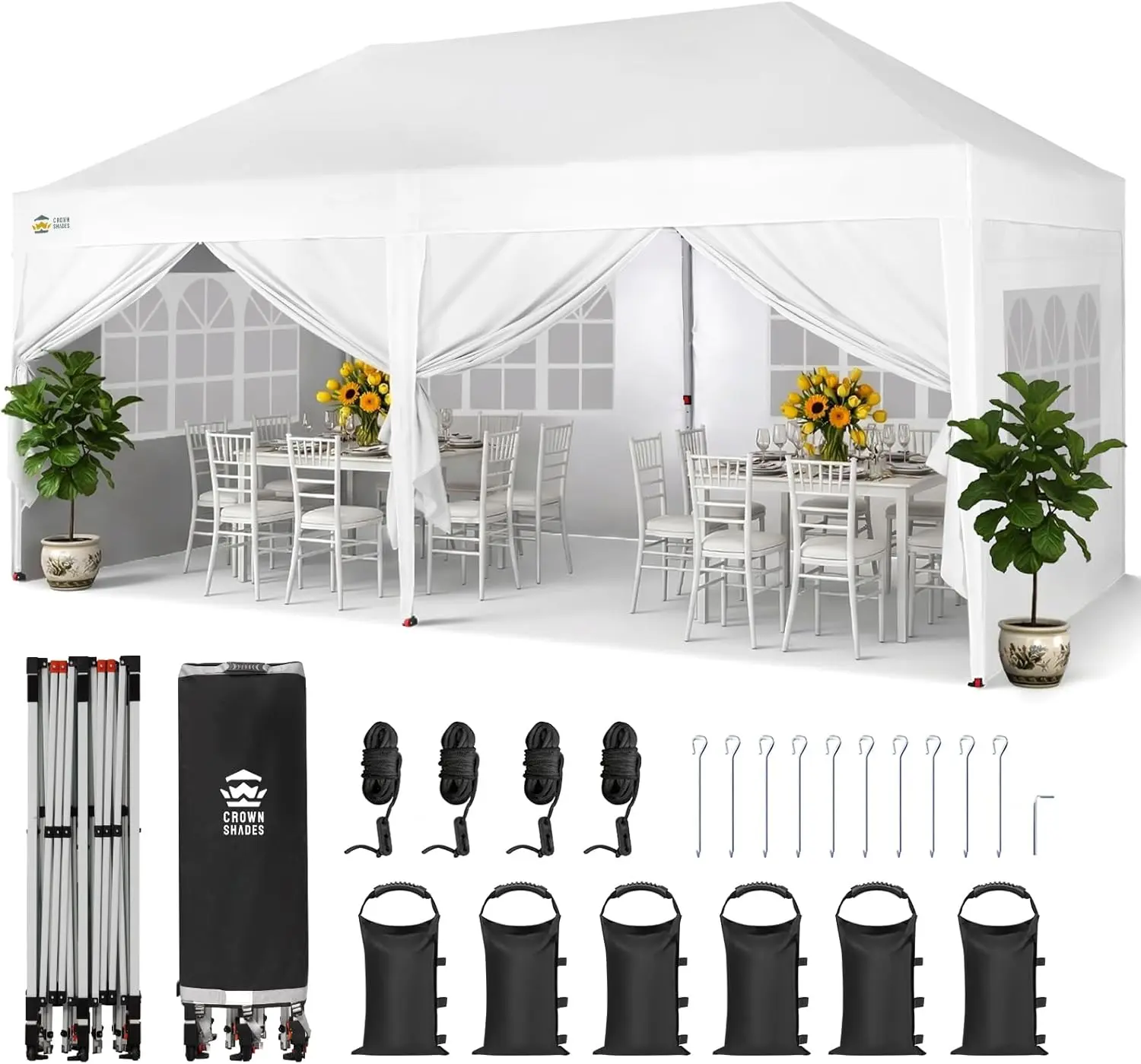 10X20 Pop Up Canopy Commercial, Outdoor Camping Tent with 6 Sidewalls, 400D Fabric, 6 Sand Bags, White