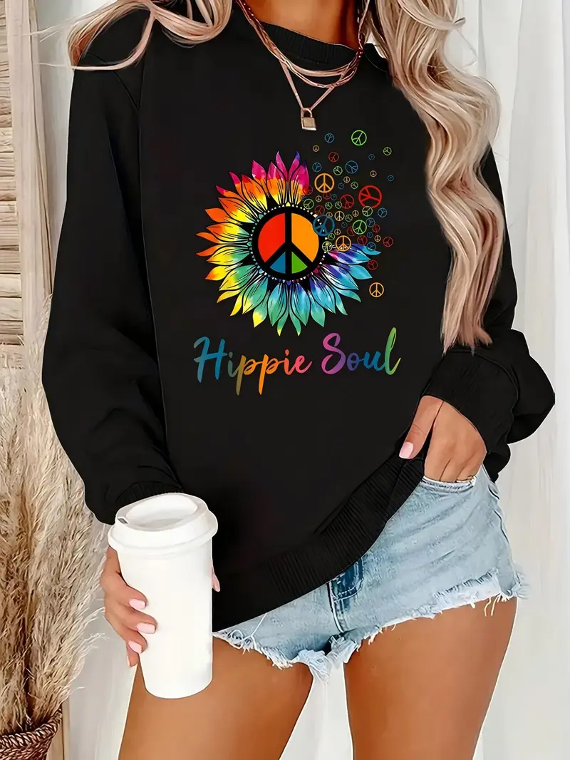 Women's hippie soul retro bohemian style sportswear - vibrant tie dye printed round neck long sleeved casual top with peace logo and floral power design, machine washable, suitable for music festivals and casual wear