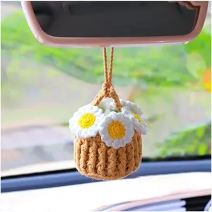 1pc Cotton Crochet Bouquet with Basket Artificial Handmade Knitting Simulation Flower Knitting Fake Flower Bouquet Car Hanging Decoration Car Dashboard Ornament Indoor Outdoor Art Decor Gift Daisy