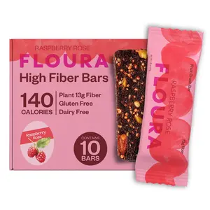Floura Raspberry Rose FiberCrush Bar 10-Pack 13g Fiber Healthy Snack Gluten-Free Vegan Friendly with Raspberries Red Apples & Rose Notes - Strawberry
