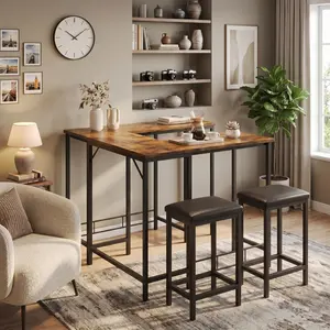 Bar Table and Chairs Set - Small Kitchen Table for 2 with Stools, Convertible l-Shaped Kitchen Bar Table, and Power Outlets for Small Kitchens and Apartments (Tiger Wood)