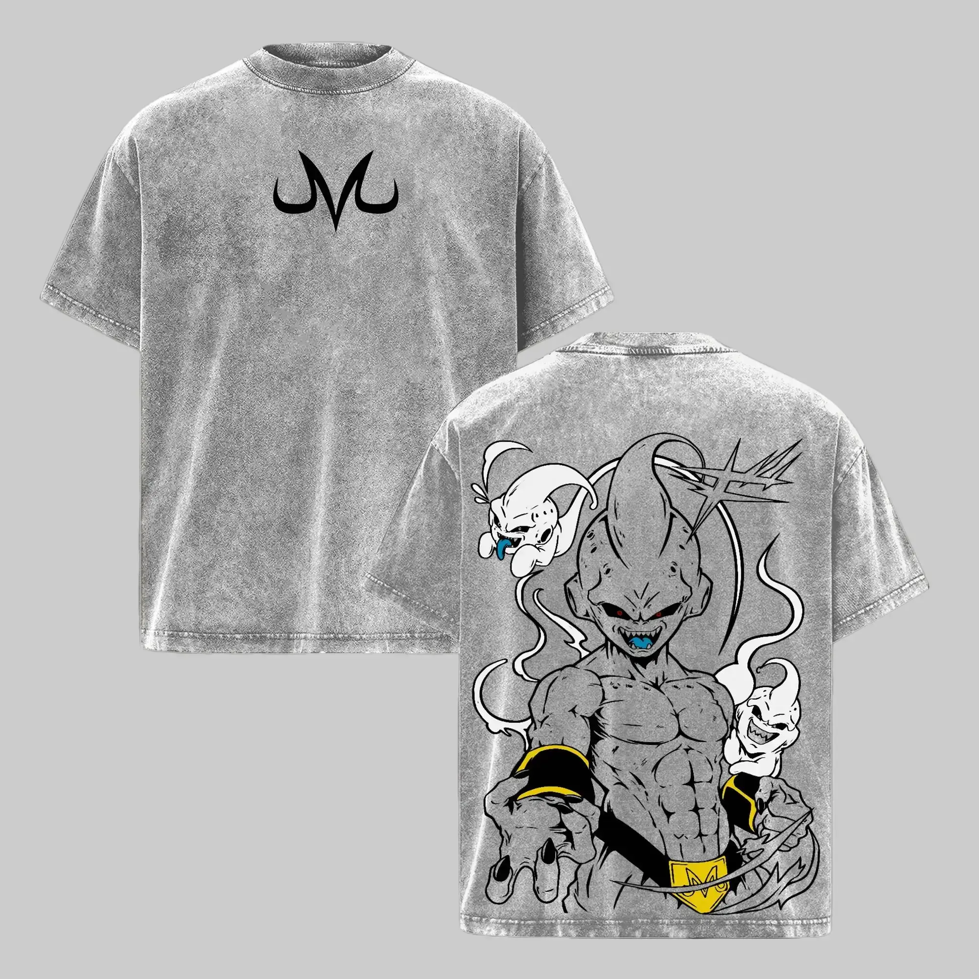 Men's Majin Buu Vintage Washed Classic Round Neck Short-Sleeve Tshirt, DBZ Double-Printed Graphic Oversized Unisex Streetwear Apparel, Soft Cotton Top Gift for Anime Fans, Shortsleeve, Men's Clothing, Seamless, Multi-Size, Unisex Retro, Relaxed