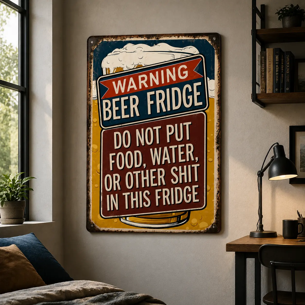2D Flat, 1pc Funny Beer Warning decoration iron plate painting - 8x12 Inch Retro Metal Sign with Humorous "Don't Put Food, Water, or Other Shit in This Fridge" Message, Vintage Beer Decor for Man Caves, Garages, Parties & Bachelor Pads