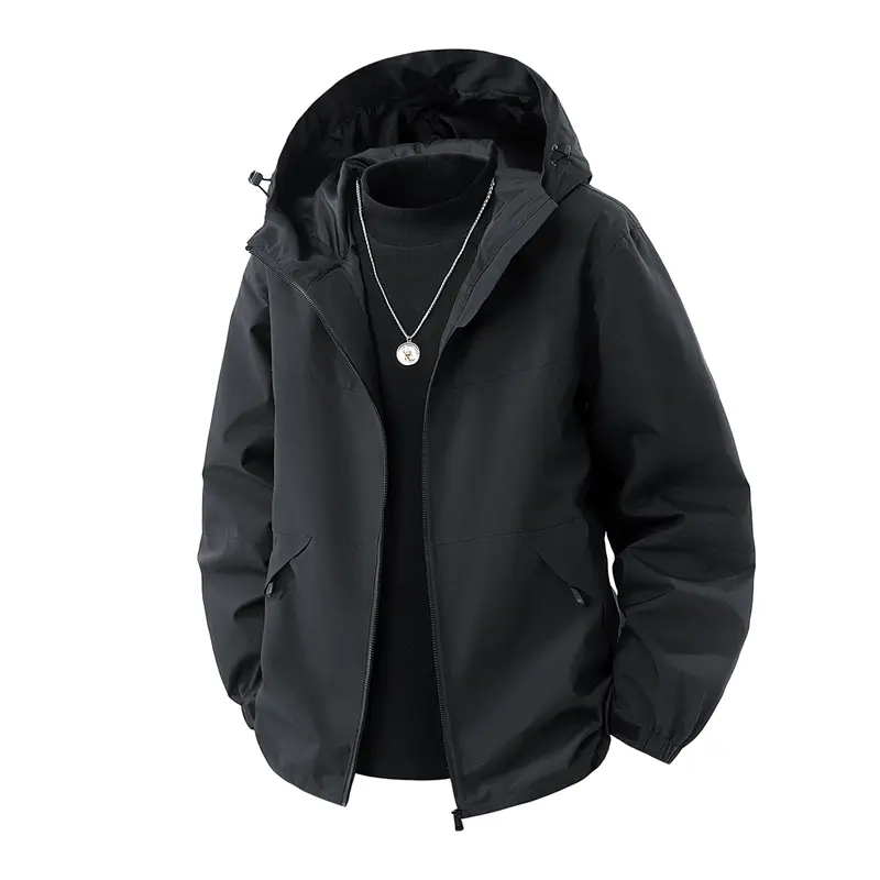 Men's windproof hoodie, warm zip-up jacket, color-blocked design, with zip pockets and adjustable cuffs, suitable for hiking, outdoor activities and casual layering.