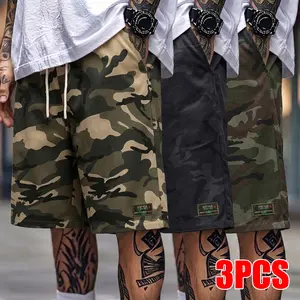 3-Pack Men's Camouflage Drawstring Shorts Relaxed Fit Label Patch Side Pockets Casual Streetwear Outdoor Summer Wear for Men
