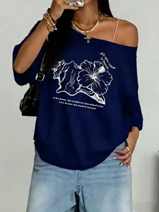 Women's Asymmetrical Shoulder T-Shirt, Loose Fit, Jasmine Print, Fashion Style, Beach Vacation Style, Short Sleeve, Casual, Summer