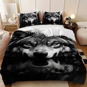 Bedding 3-piece set - 3PCS,Decorative Bedding Set,Black and white wolf head water reflection design down comforter set (1 comforter cover + 2 pillowcases, filling not included). soft and comfortable, suitable for family bedrooms.