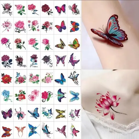 66 Sheets Flowers Temporary Tattoos Stickerss, Roses, Butterflies and Multi-Colored Mixed Style Body Art Temporary Tattoo for Women, Girls or Kids Waterproof Removable Long Lasting